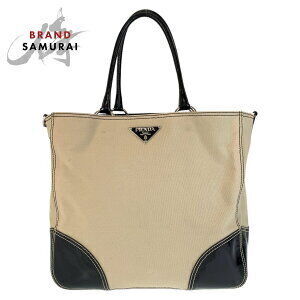 Prada triangular logo plate Beige Tan black canvas enamel tote bag shoulder